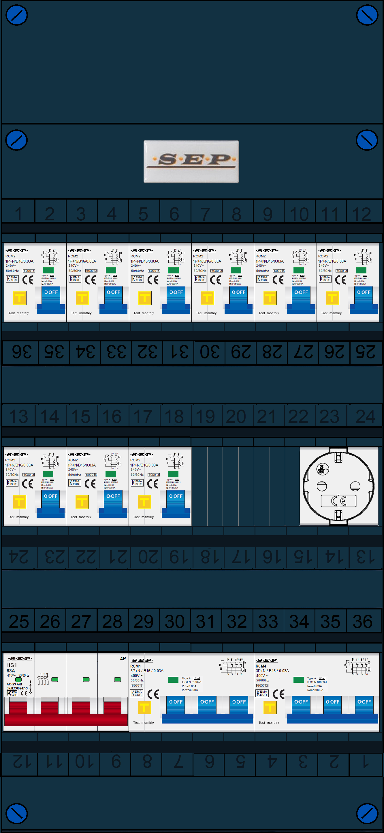 Schotman Elektro B.V. - SEP FS63A, 1xHoofdschakelaar, 9xAardlekautomaat, 2xKracht aardlekautomaat, 1xContactdoos, 3 Fase