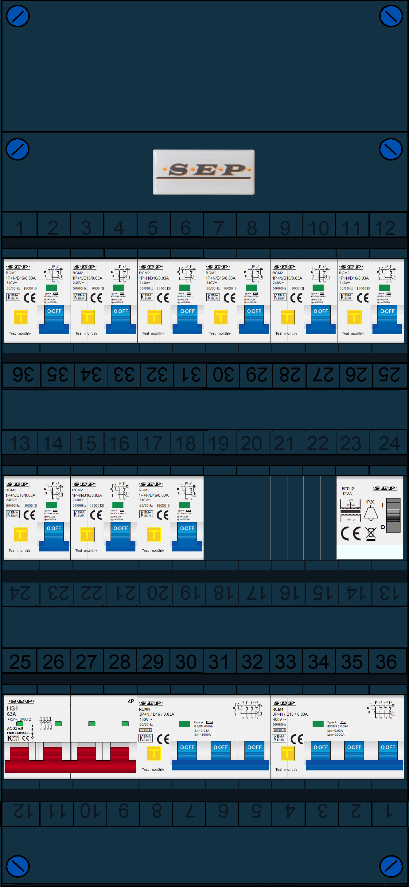 Schotman Elektro B.V. - SEP FS63A, 1xHoofdschakelaar, 9xAardlekautomaat, 2xKracht aardlekautomaat, 1xBeltrafo, 3 Fase