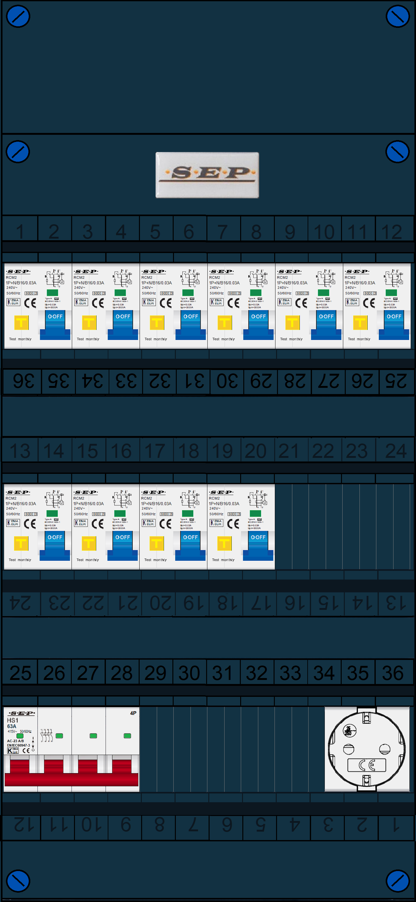 Schotman Elektro B.V. - SEP FS63A, 1xHoofdschakelaar, 10xAardlekautomaat, 1xContactdoos, 3 Fase