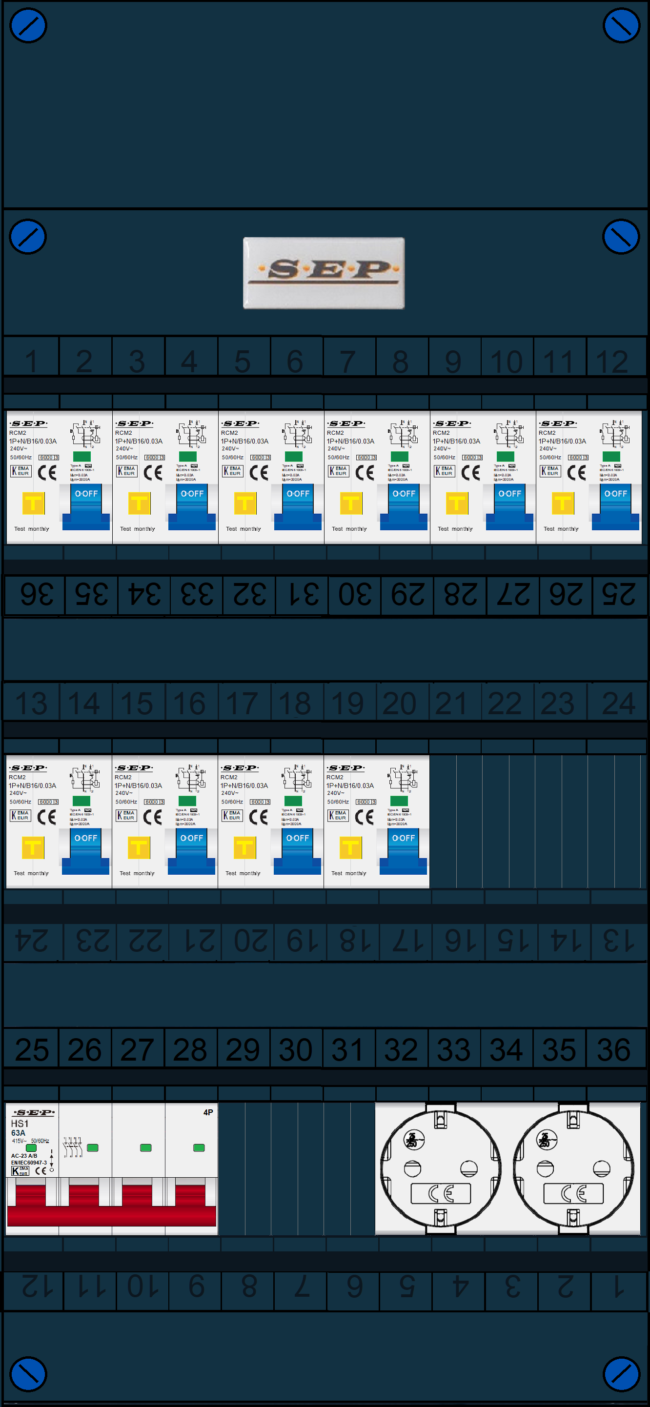 Schotman Elektro B.V. - SEP FS63A, 1xHoofdschakelaar, 10xAardlekautomaat, 2xContactdoos, 3 Fase