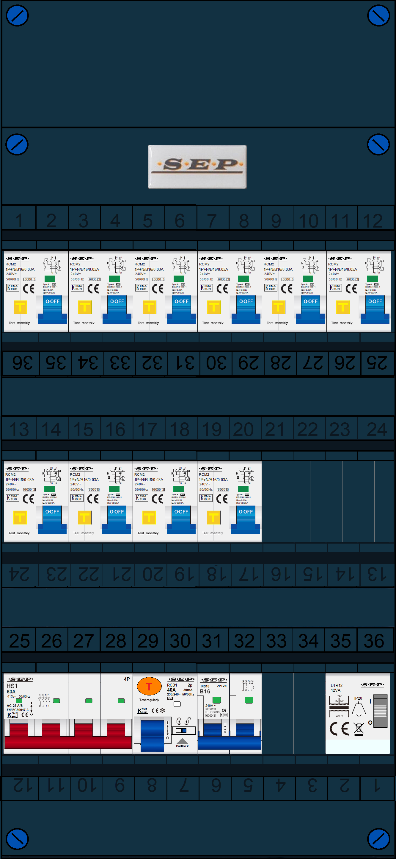 Schotman Elektro B.V. - SEP FS63A, 1xHoofdschakelaar, 10xAardlekautomaat, 1xAls+Fornuisgroep, 1xBeltrafo, 3 Fase 