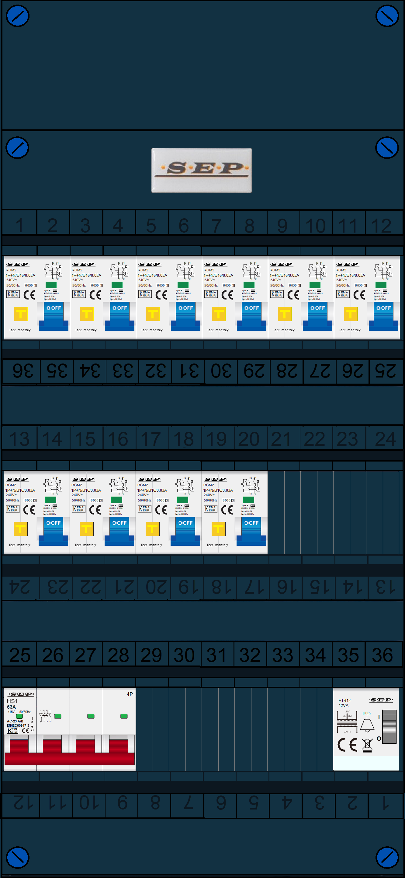 Schotman Elektro B.V. - SEP FS63A, 1xHoofdschakelaar, 10xAardlekautomaat, 1xBeltrafo, 3 Fase