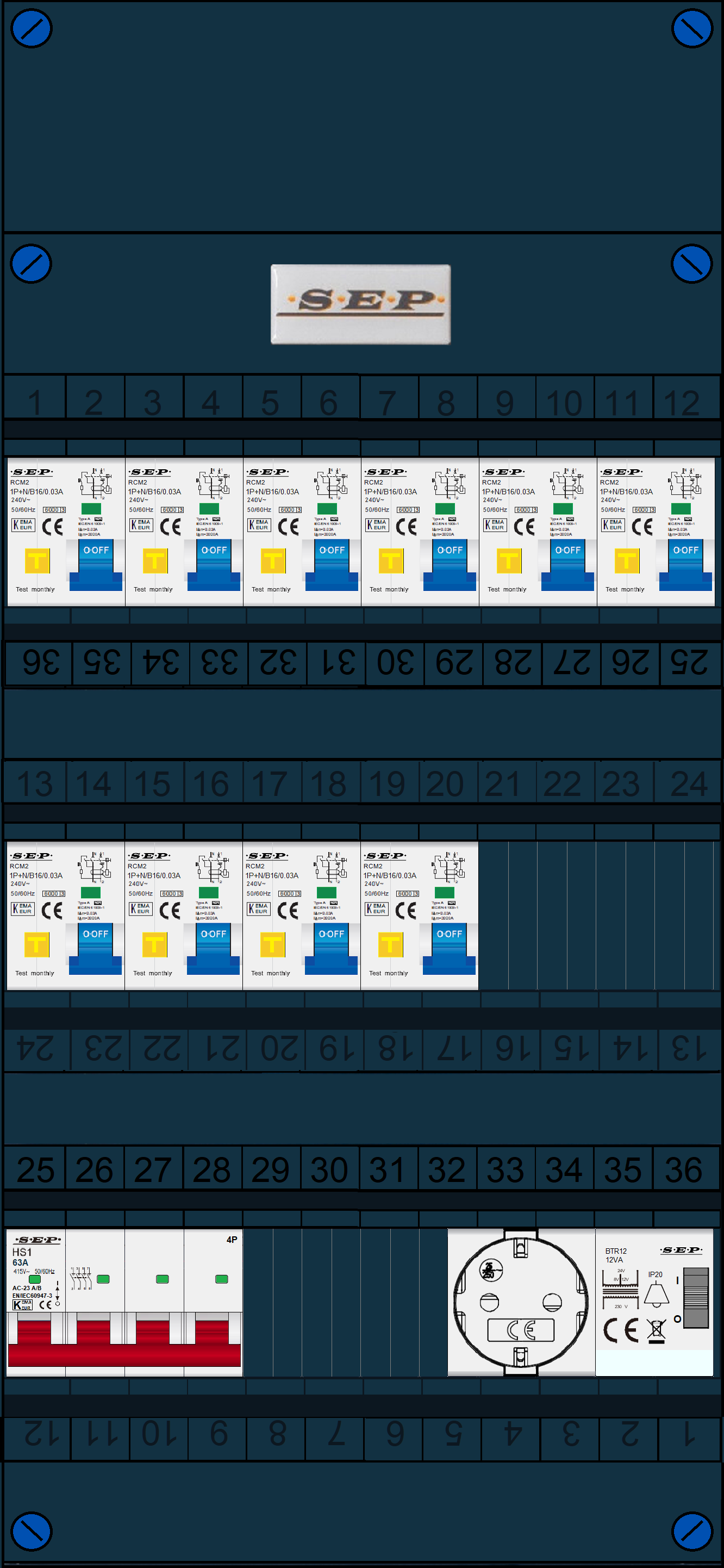 Schotman Elektro B.V. - SEP FS63A, 1xHoofdschakelaar, 10xAardlekautomaat, 1xBeltrafo, 1xContactdoos, 3 Fase