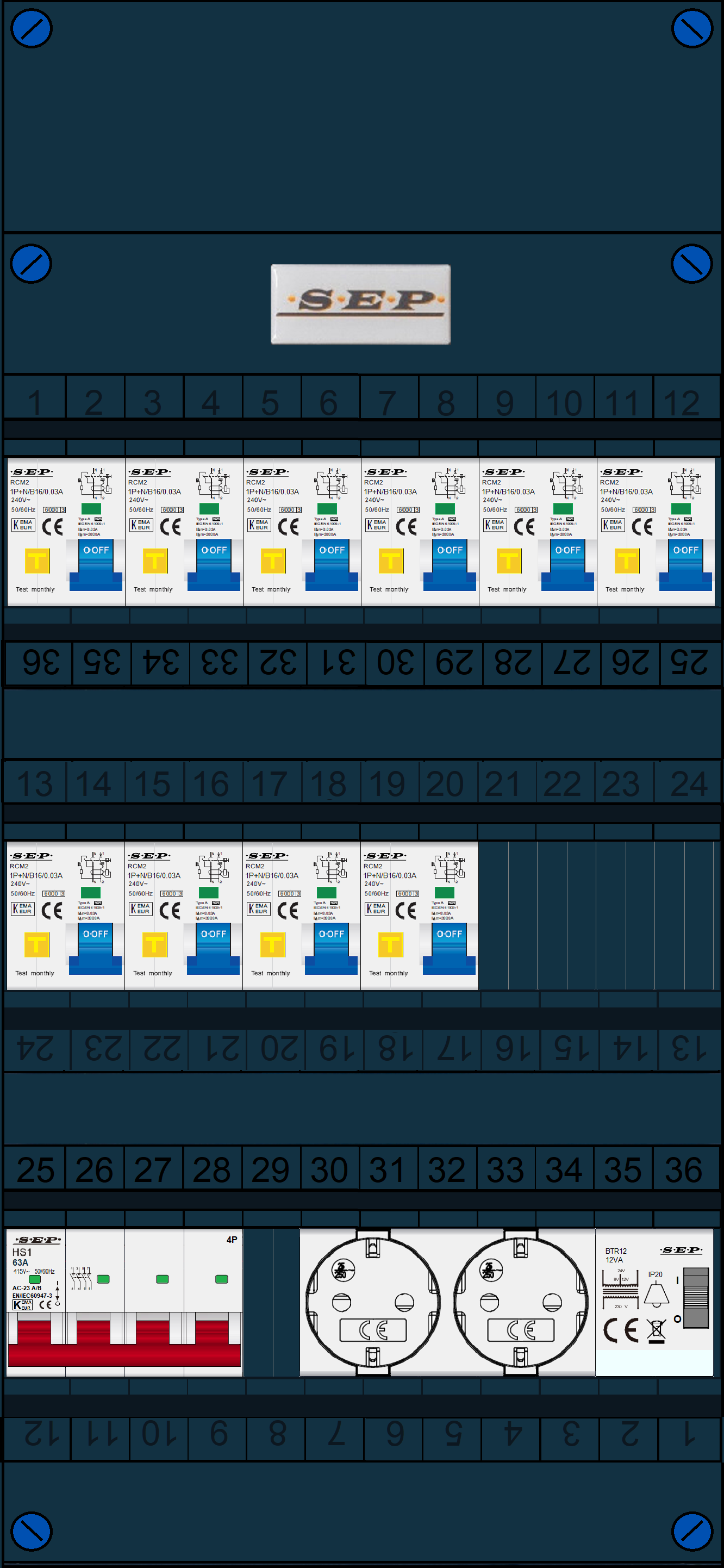 Schotman Elektro B.V. - SEP FS63A, 1xHoofdschakelaar, 10xAardlekautomaat, 1xBeltrafo, 2xContactdoos, 3 Fase