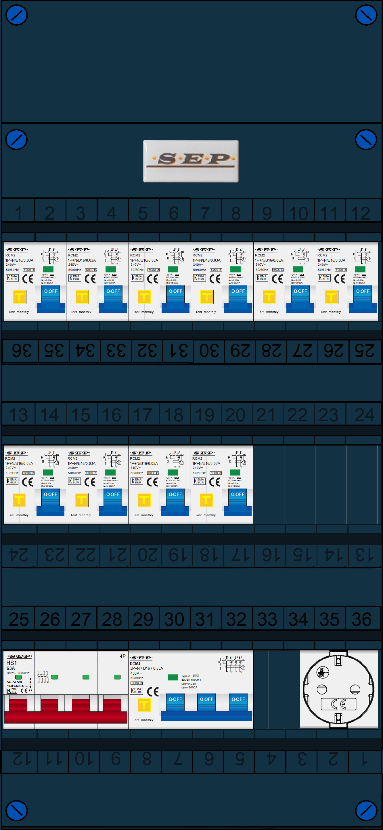 Schotman Elektro B.V. - SEP FS63A, 1xHoofdschakelaar, 10xAardlekautomaat, 1xKracht aardlekautomaat, 1xContactdoos, 3 Fase