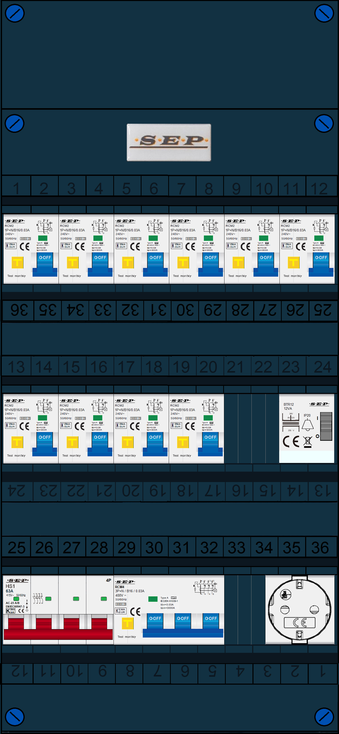 Schotman Elektro B.V. - SEP FS63A, 1xHoofdschakelaar, 10xAardlekautomaat, 1xKracht aardlekautomaat, 1xBeltrafo, 1xContactoos, 3 Fase