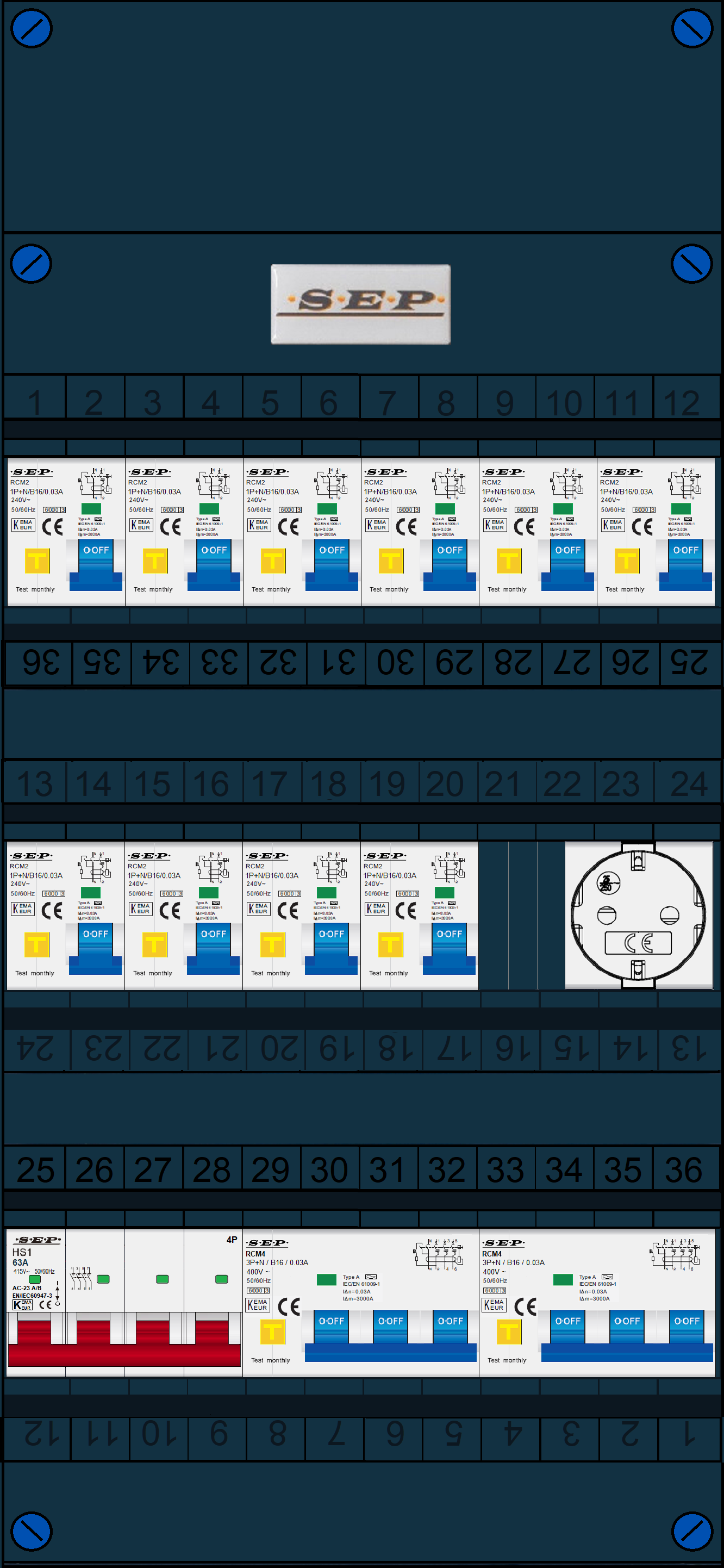 Schotman Elektro B.V. - SEP FS63A, 1xHoofdschakelaar, 10xAardlekautomaat, 2xKracht aardlekautomaat, 1xContactdoos, 3 Fase