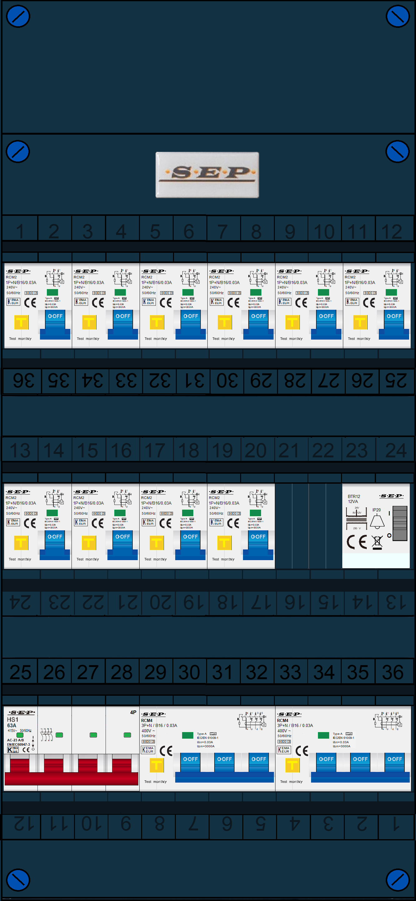 Schotman Elektro B.V. - SEP FS63A, 1xHoofdschakelaar, 10xAardlekautomaat, 2xKracht aardlekautomaat, 1xBeltrafo, 3 Fase