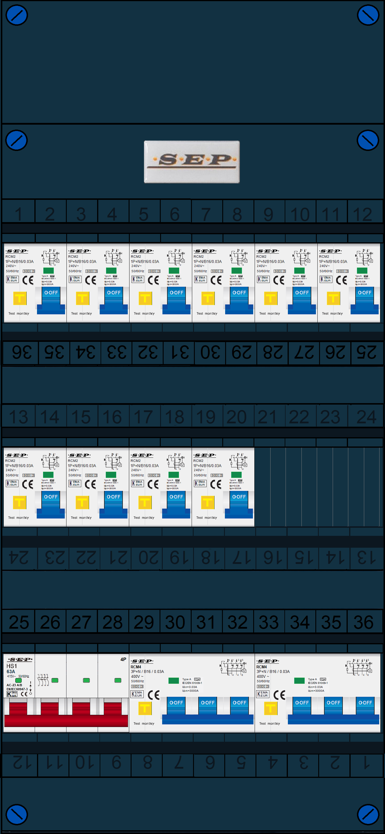 Schotman Elektro B.V. - SEP FS63A, 1xHoofdschakelaar, 10xAardlekautomaat, 2xKracht aardlekautomaat, 3 Fase