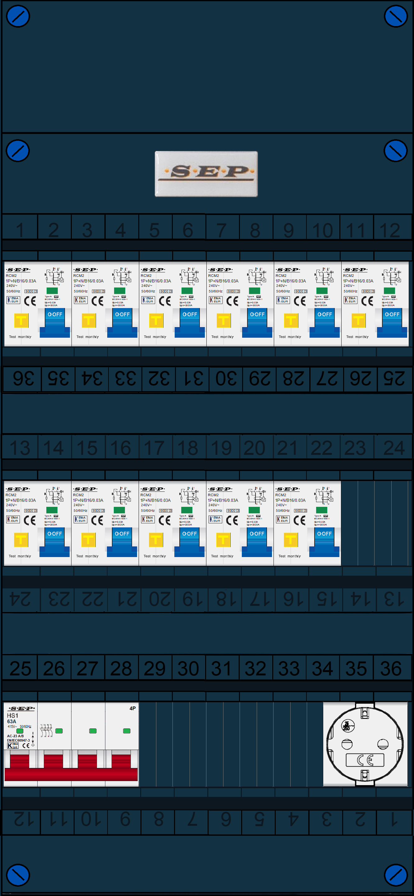 Schotman Elektro B.V. - SEP FS63A, 1xHoofdschakelaar, 11xAardlekautomaat, 1xContactdoos, 3 Fase