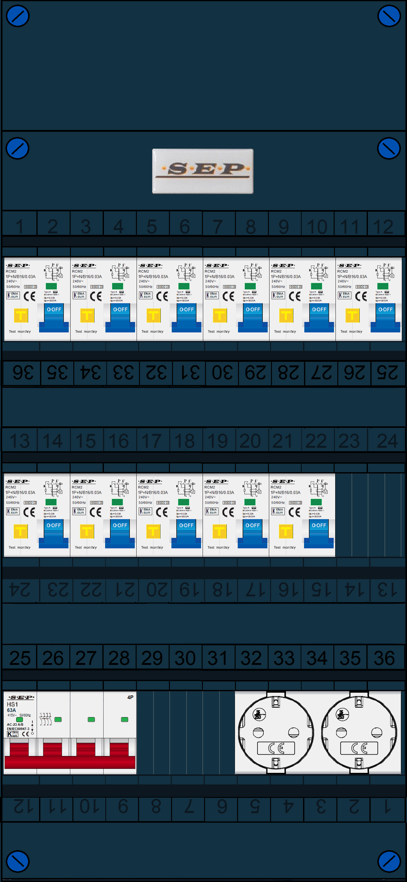 Schotman Elektro B.V. - SEP FS63A, 1xHoofdschakelaar, 11xAardlekautomaat, 2xContactdoos, 3 Fase