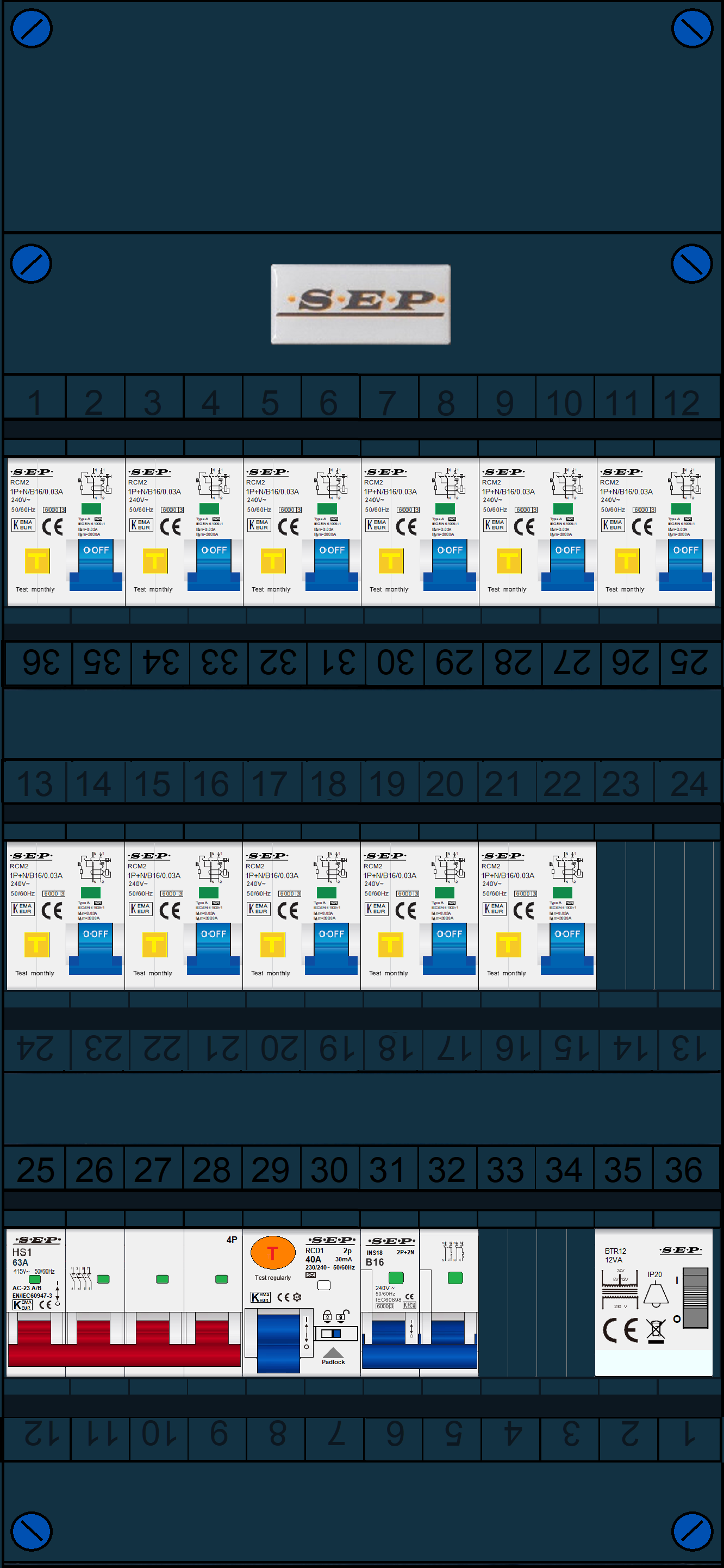 Schotman Elektro B.V. - SEP FS63A, 1xHoofdschakelaar, 11xAardlekautomaat, 1xAls+Fornuisgroep, 1xBeltrafo, 3 Fase 