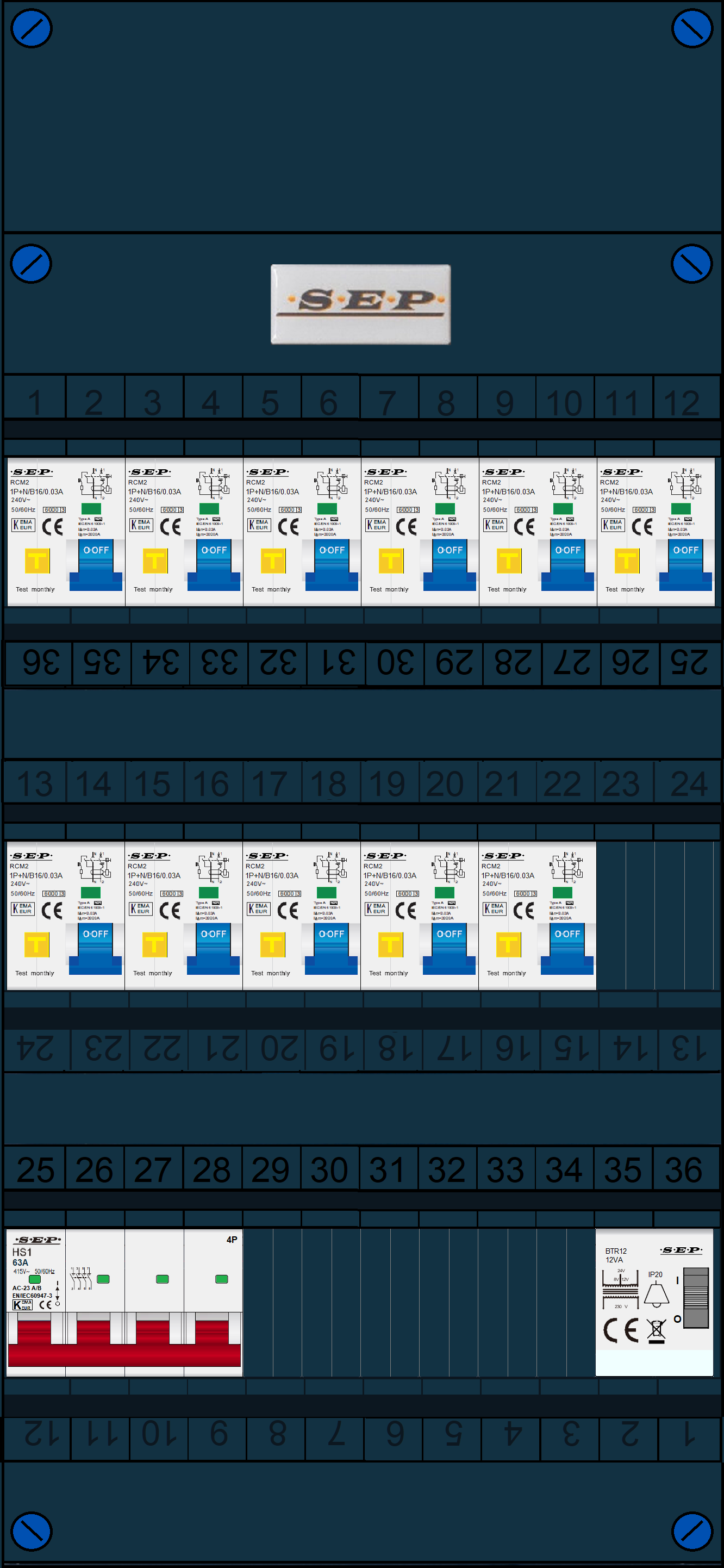 Schotman Elektro B.V. - SEP FS63A, 1xHoofdschakelaar, 11xAardlekautomaat, 1xBeltrafo, 3 Fase