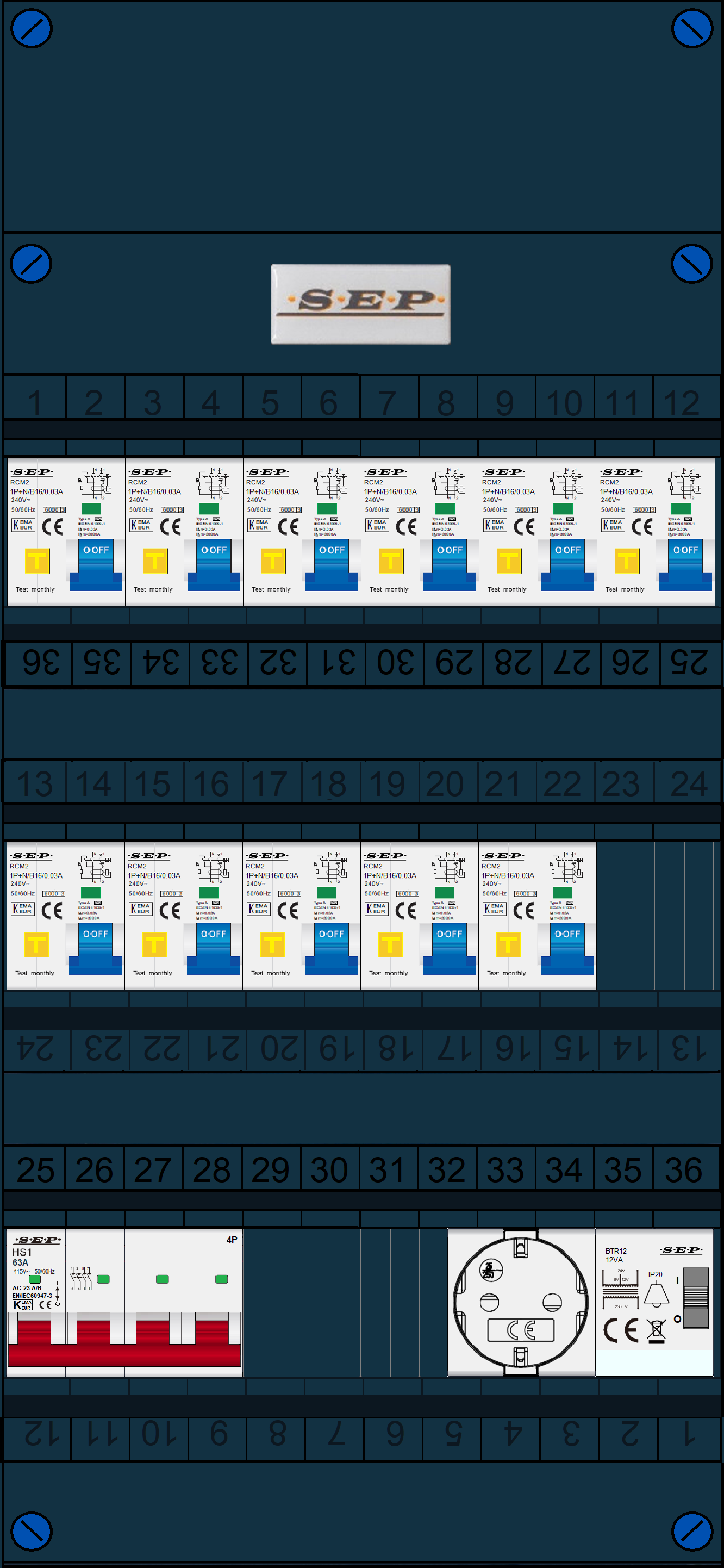 Schotman Elektro B.V. - SEP FS63A, 1xHoofdschakelaar, 11xAardlekautomaat, 1xBeltrafo, 1xContactdoos, 3 Fase