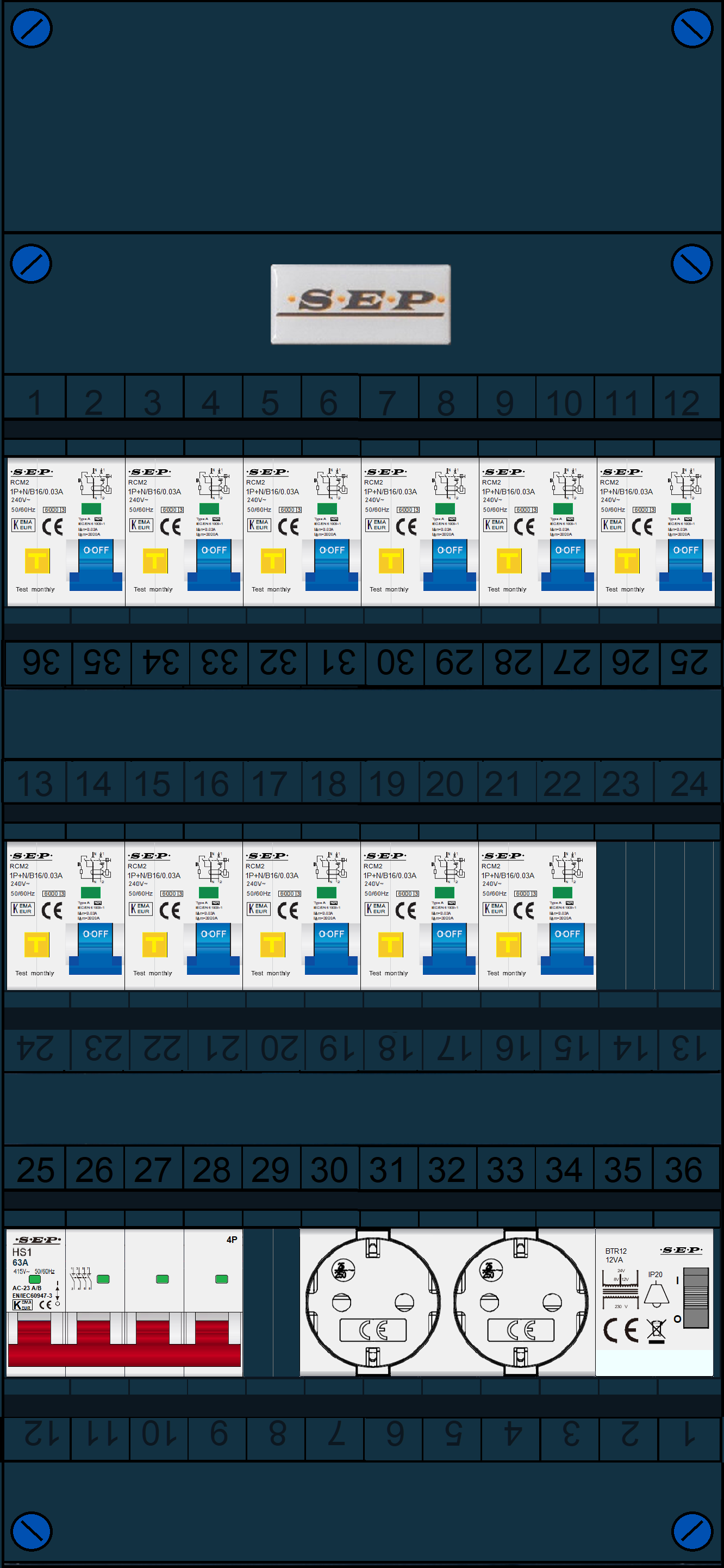 Schotman Elektro B.V. - SEP FS63A, 1xHoofdschakelaar, 11xAardlekautomaat, 1xBeltrafo, 2xContactdoos, 3 Fase