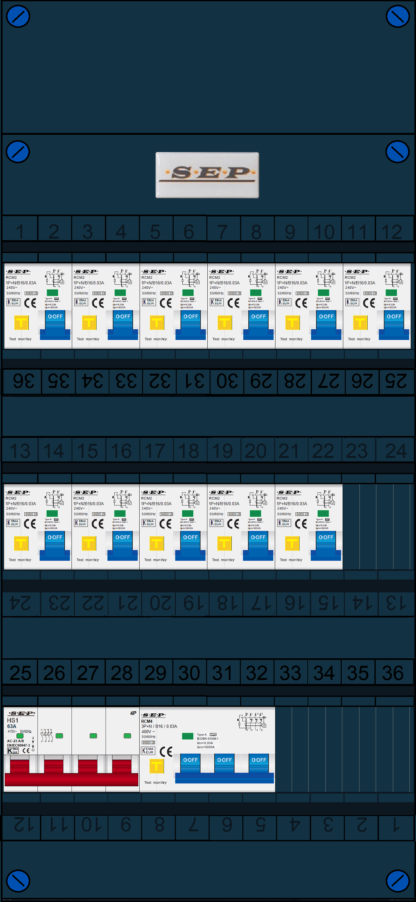 Schotman Elektro B.V. - SEP FS63A, 1xHoofdschakelaar, 11xAardlekautomaat, 1xKracht aardlekautomaat, 3 Fase