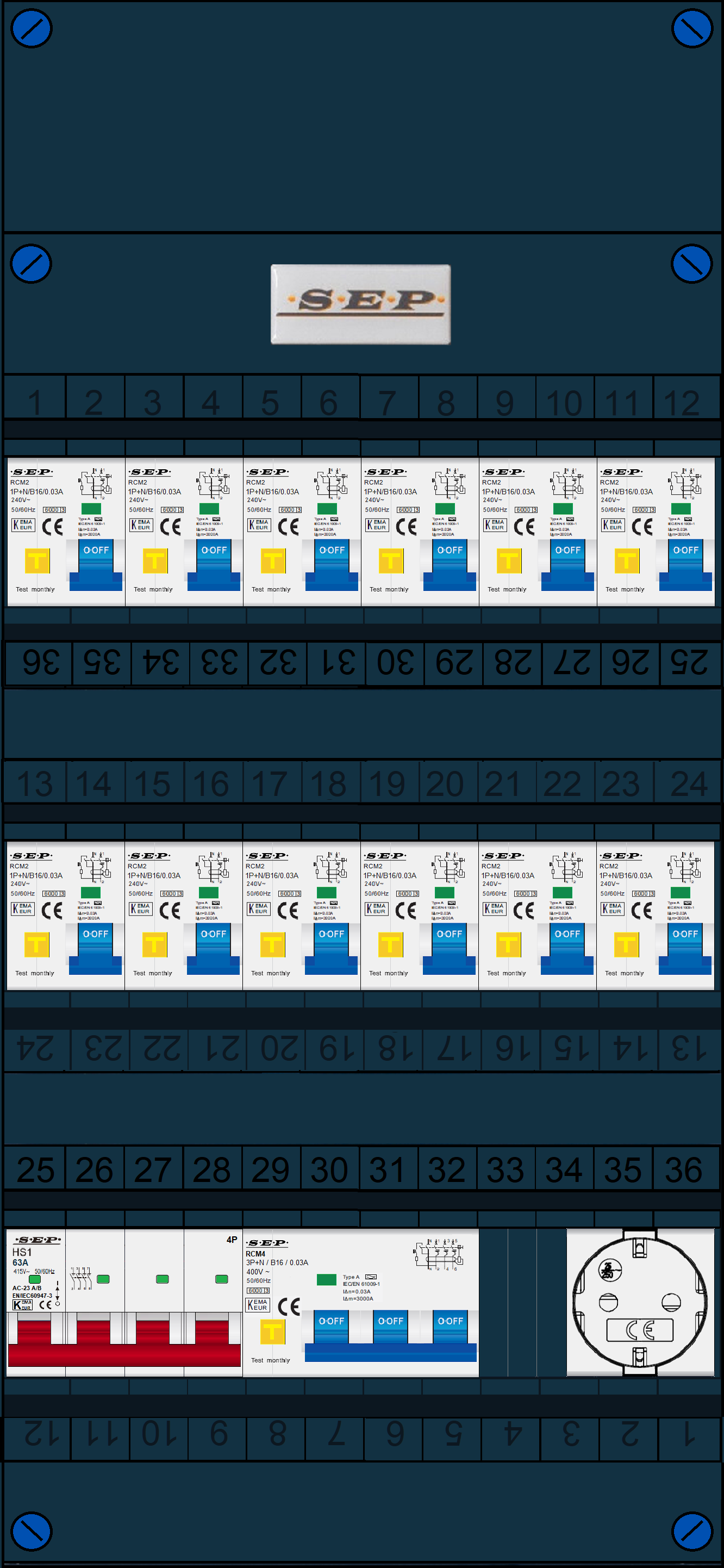 Schotman Elektro B.V. - SEP FS63A, 1xHoofdschakelaar, 12xAardlekautomaat, 1xKracht aardlekautomaat, 1xContactdoos, 3 Fase