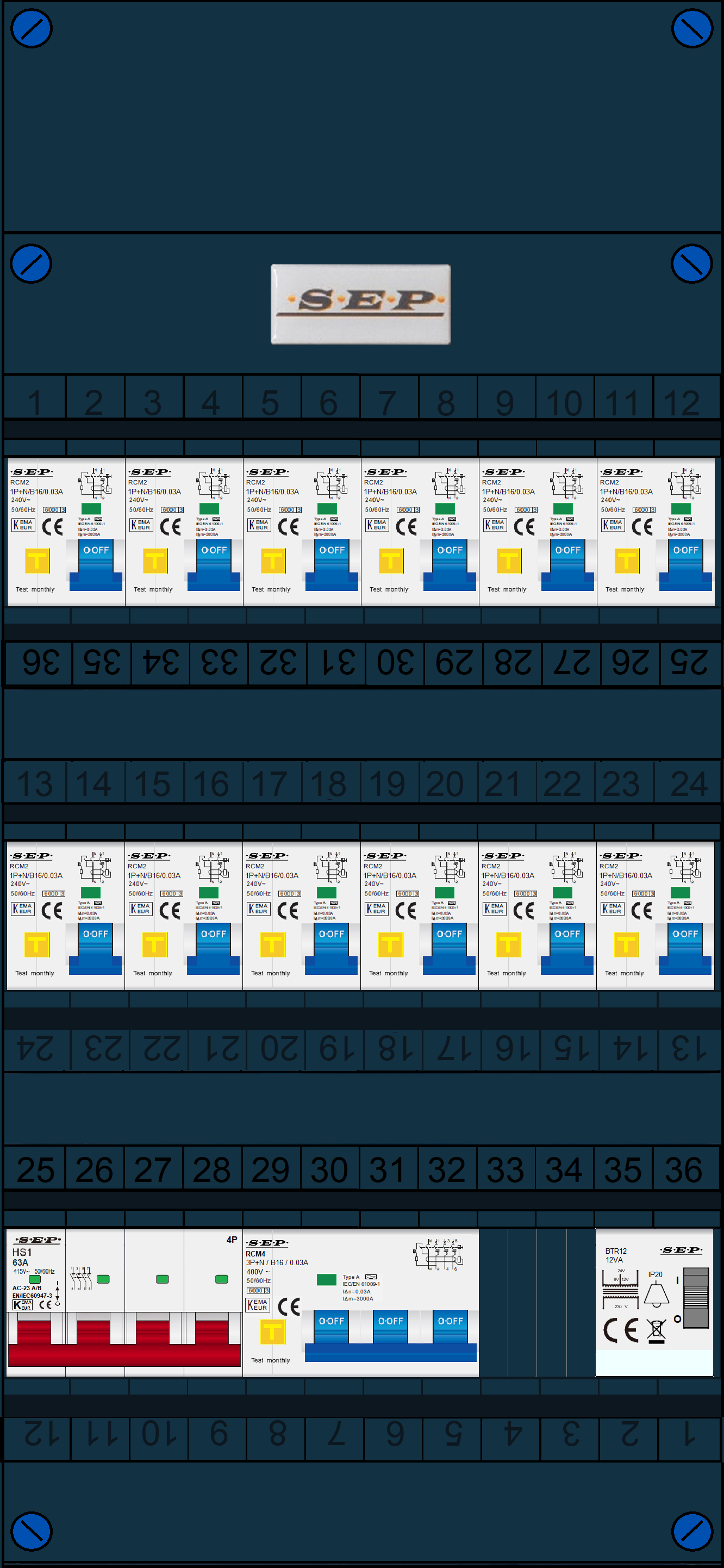 Schotman Elektro B.V. - SEP FS63A, 1xHoofdschakelaar, 12xAardlekautomaat, 1xKracht aardlekautomaat, 1xBeltrafo, 3 Fase