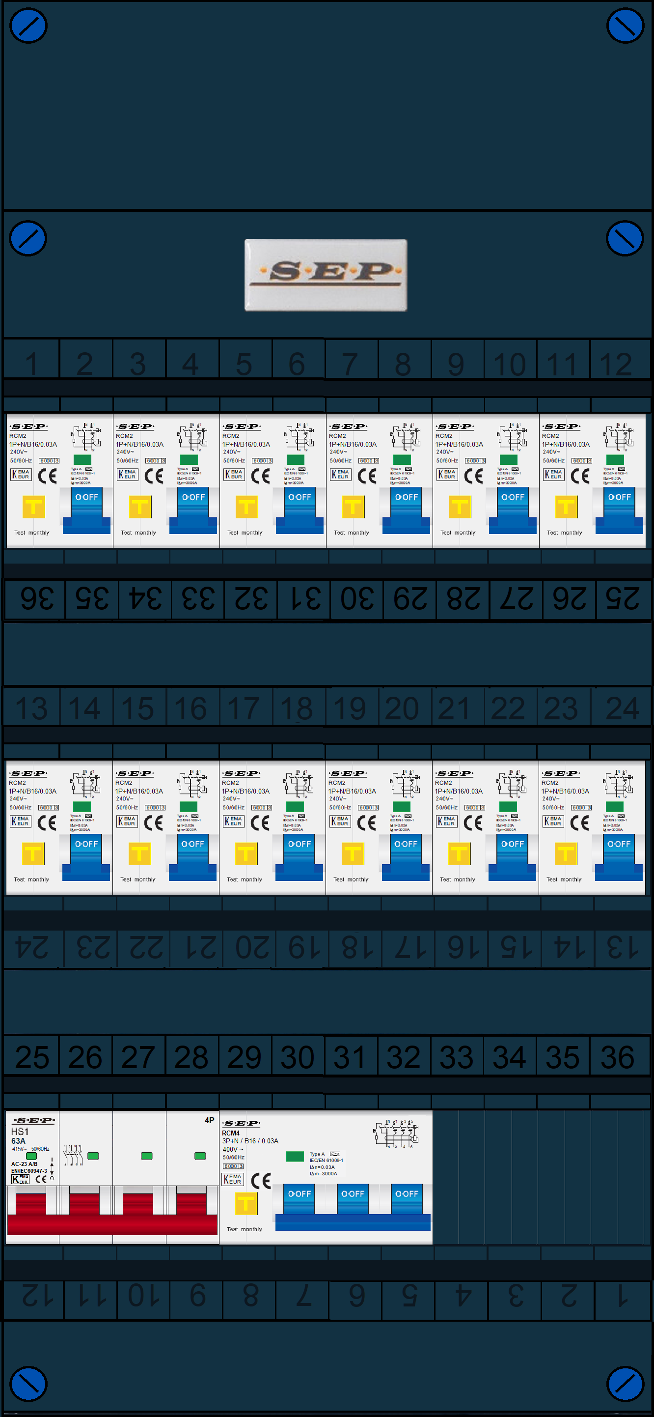 Schotman Elektro B.V. - SEP FS63A, 1xHoofdschakelaar, 12xAardlekautomaat, 1xKracht aardlekautomaat, 3 Fase