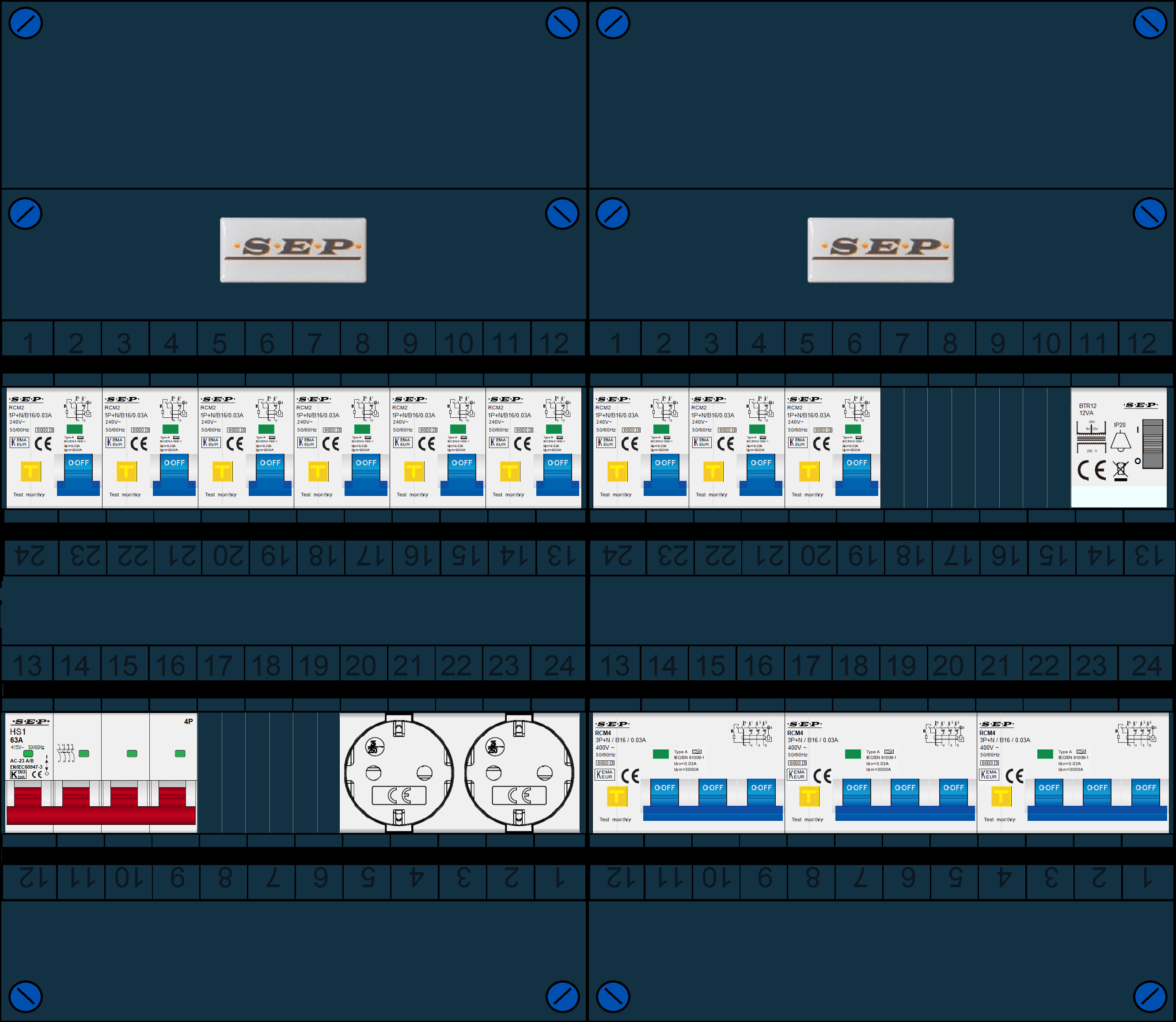 Schotman Elektro B.V. - SEP FS63A, 1xHoofdschakelaar, 9xAardlekautomaat, 3xKracht aardlekautomaat, 1xBeltrafo, 2xContactoos, 3 Fase