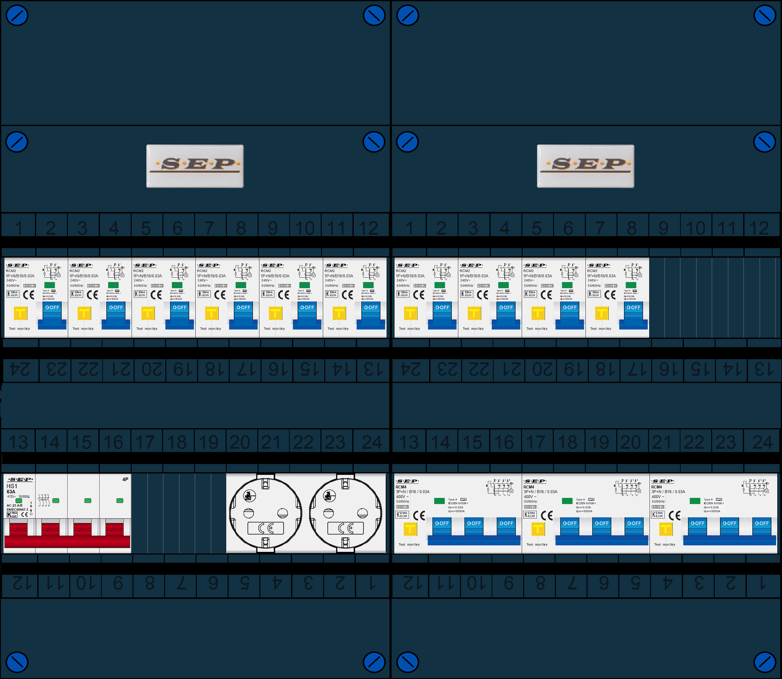 Schotman Elektro B.V. - SEP FS63A, 1xHoofdschakelaar, 10xAardlekautomaat, 3xKracht aardlekautomaat, 2xContactdoos, 3 Fase