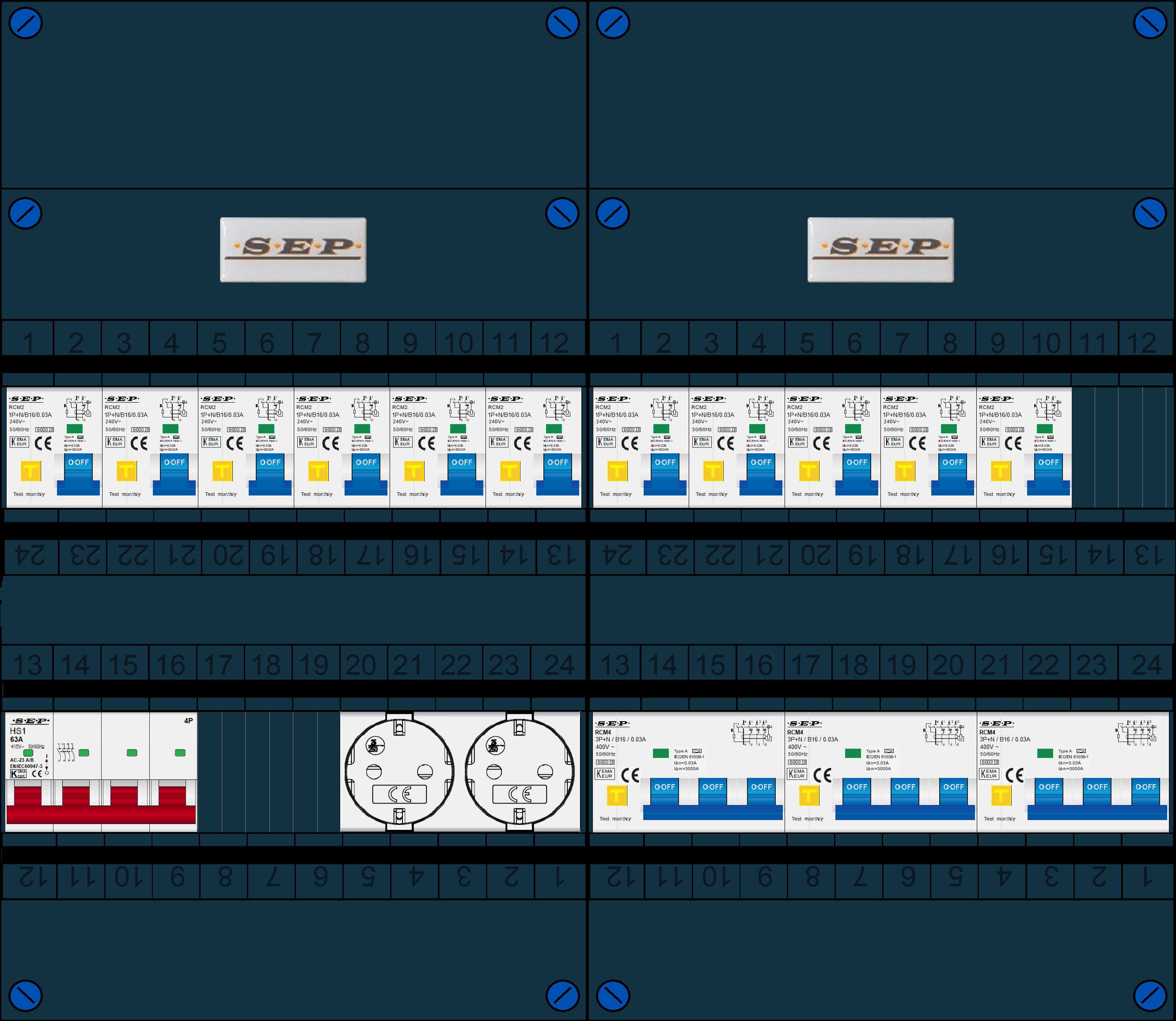 Schotman Elektro B.V. - SEP FS63A, 1xHoofdschakelaar, 11xAardlekautomaat, 3xKracht aardlekautomaat, 2xContactdoos, 3 Fase