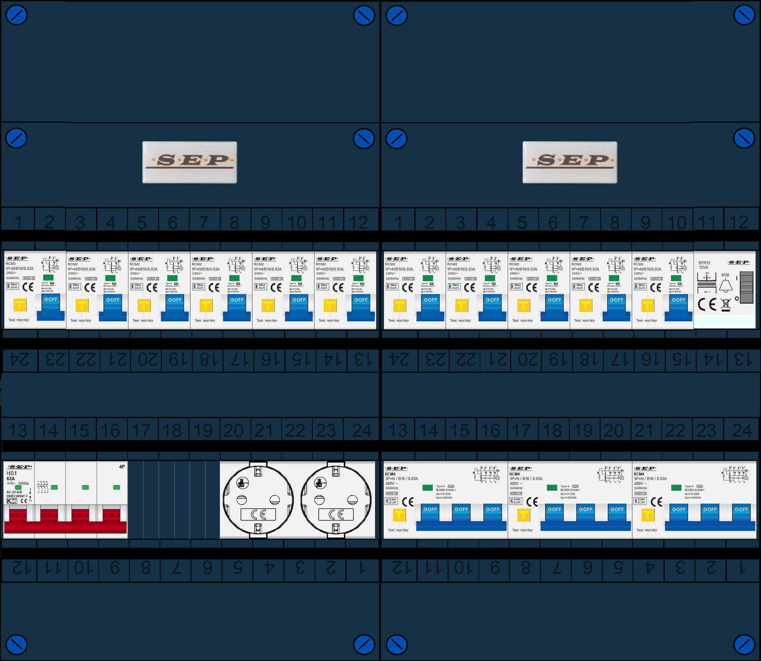 Schotman Elektro B.V. - SEP FS63A, 1xHoofdschakelaar, 11xAardlekautomaat, 3xKracht aardlekautomaat, 1xBeltrafo, 2xContactoos, 3 Fase