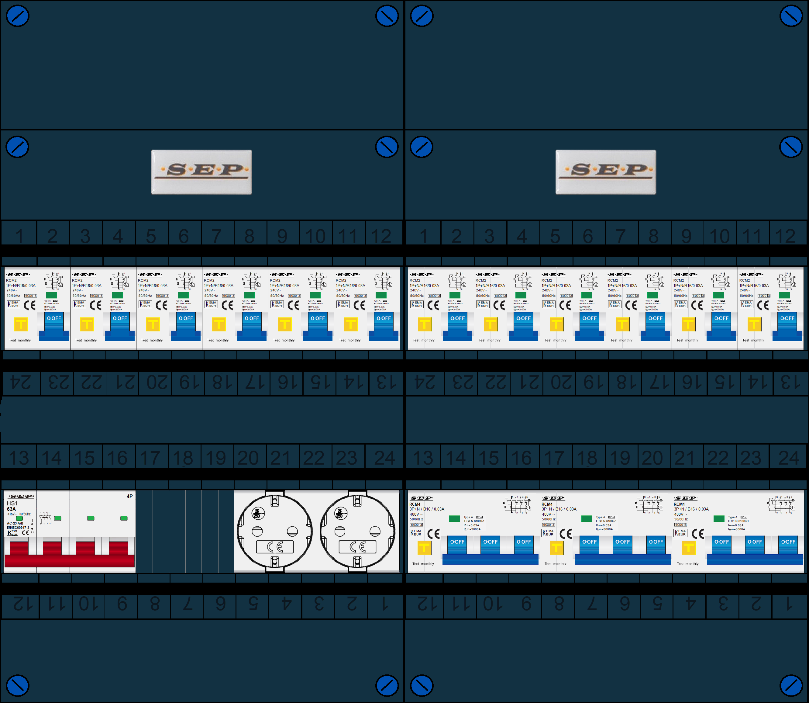 Schotman Elektro B.V. - SEP FS63A, 1xHoofdschakelaar, 12xAardlekautomaat, 3xKracht aardlekautomaat, 2xContactdoos, 3 Fase