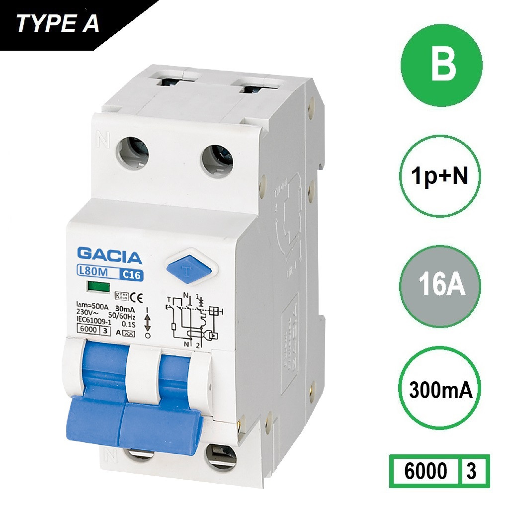 GACIA L80MA aardlekautomaat 1p+n B16 300mA 