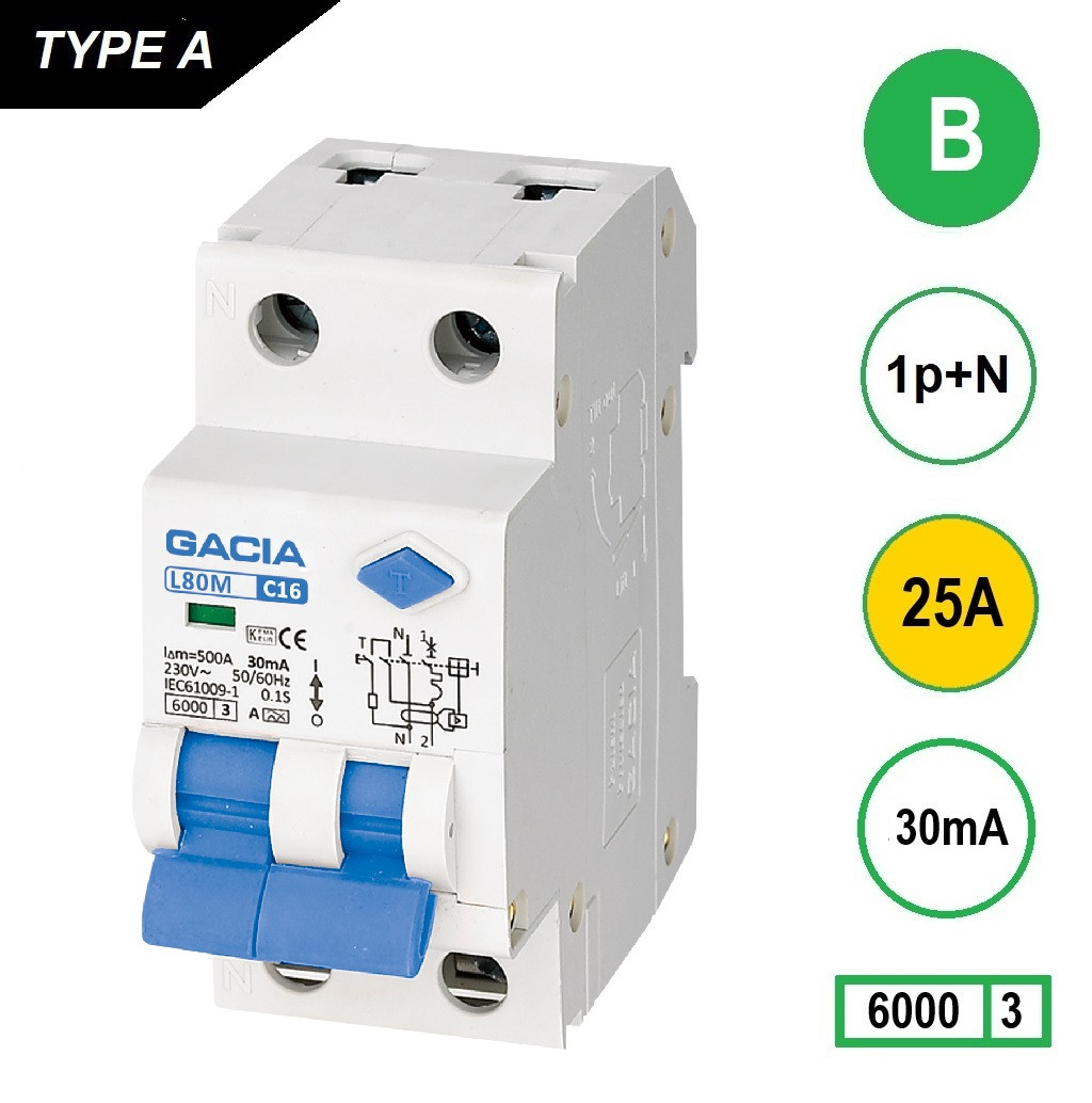 GACIA L80M aardlekautomaat 1p+n B25 30mA 