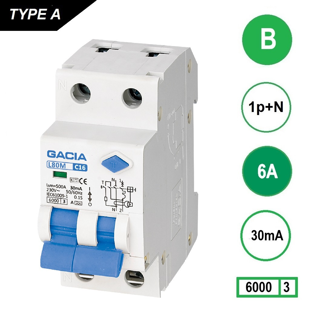 GACIA L80M aardlekautomaat 1p+n B6 30mA 