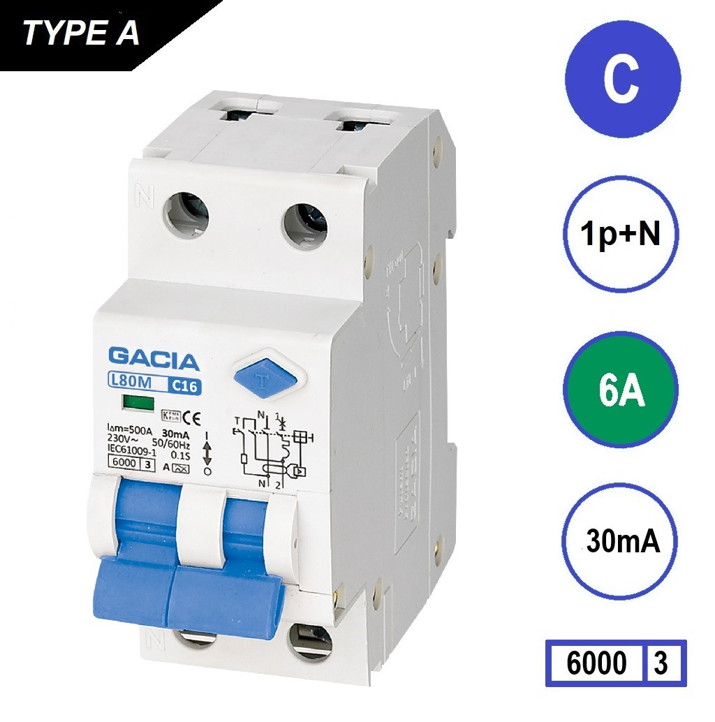 GACIA L80M aardlekautomaat 1p+n C6 30mA 
