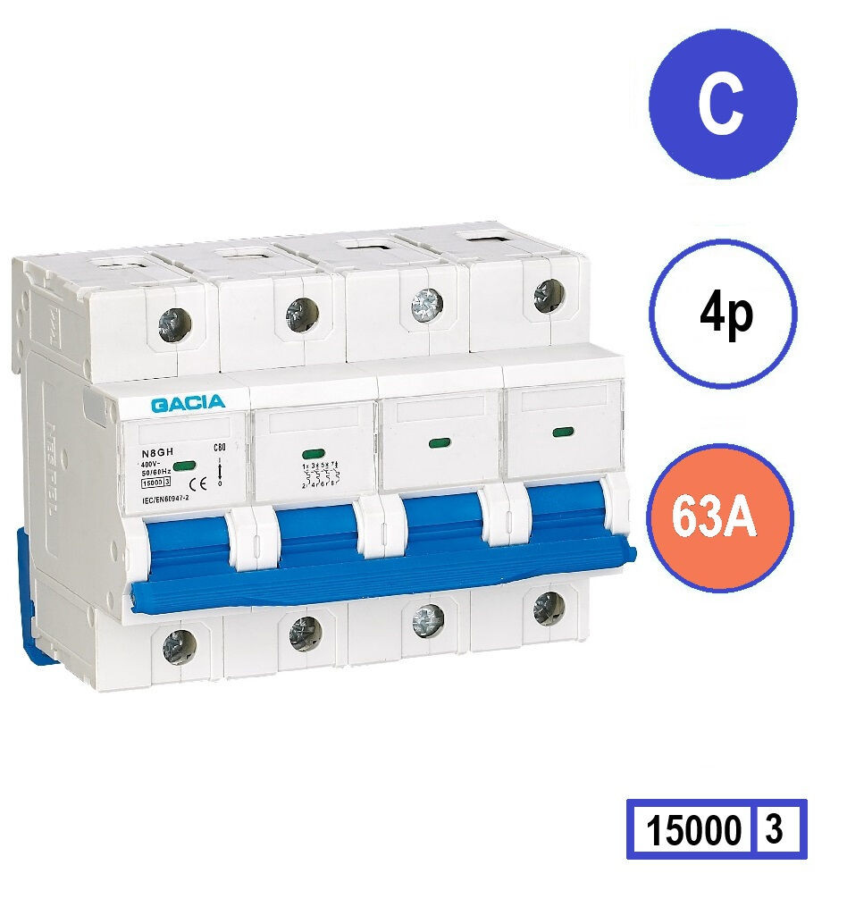 GACIA N8GH installatieautomaat 4 polig, karakteristiek C, 63A, 15kA