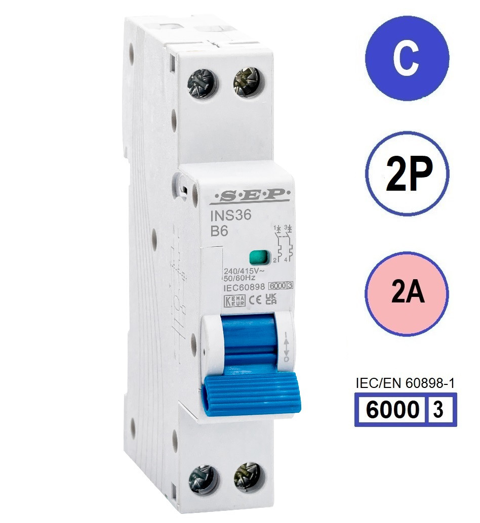 SEP INS36-2C02, installatieautomaat 2p C2 6kA, 18mm, 1 modulen