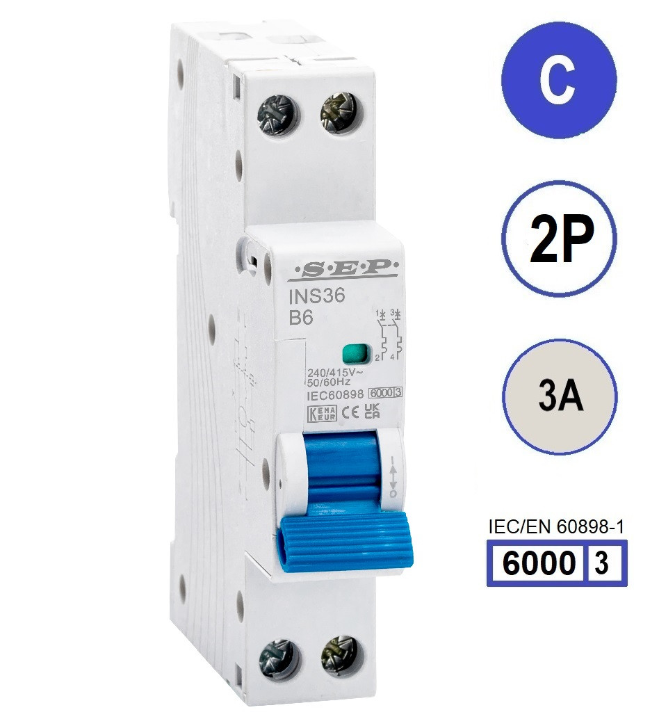 SEP INS36-2C03, installatieautomaat 2p C3 6kA, 18mm, 1 modulen