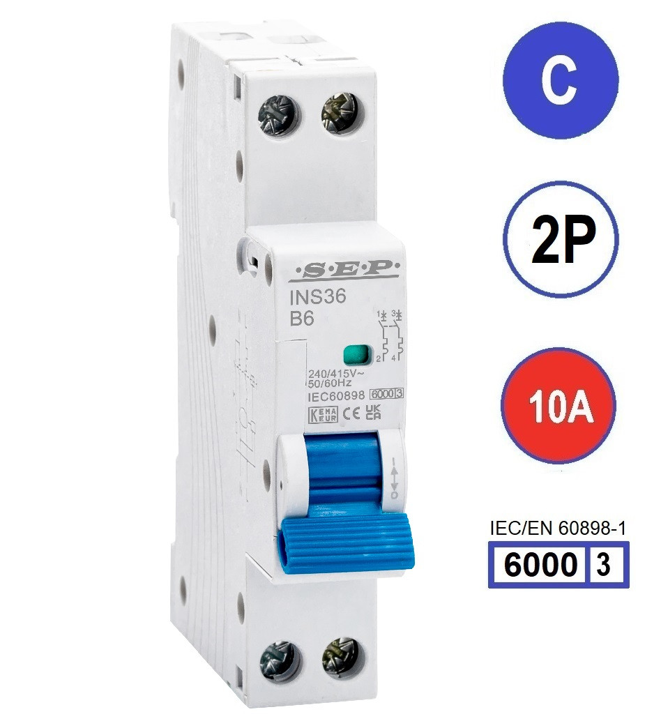 SEP INS36-2C10, installatieautomaat 2p C10 6kA, 18mm, 1 modulen