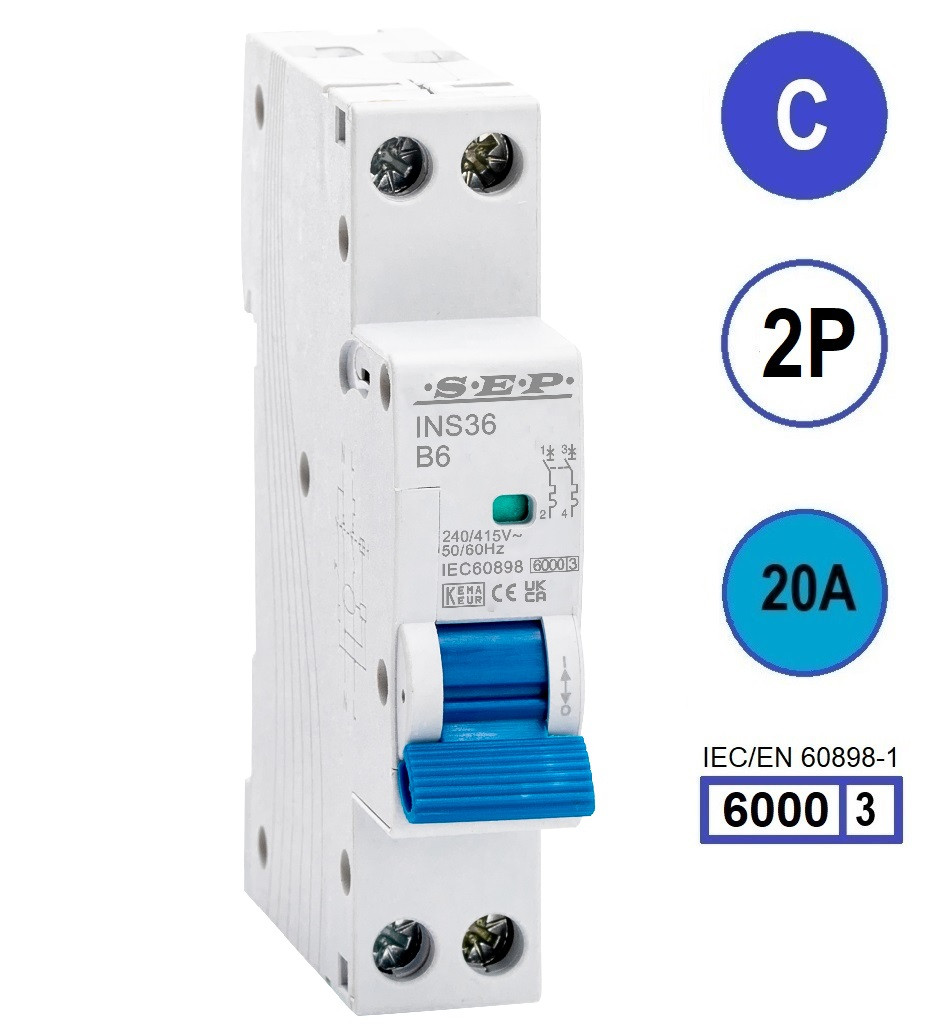 SEP INS36-2C20, installatieautomaat 2p C20 6kA, 18mm, 1 modulen