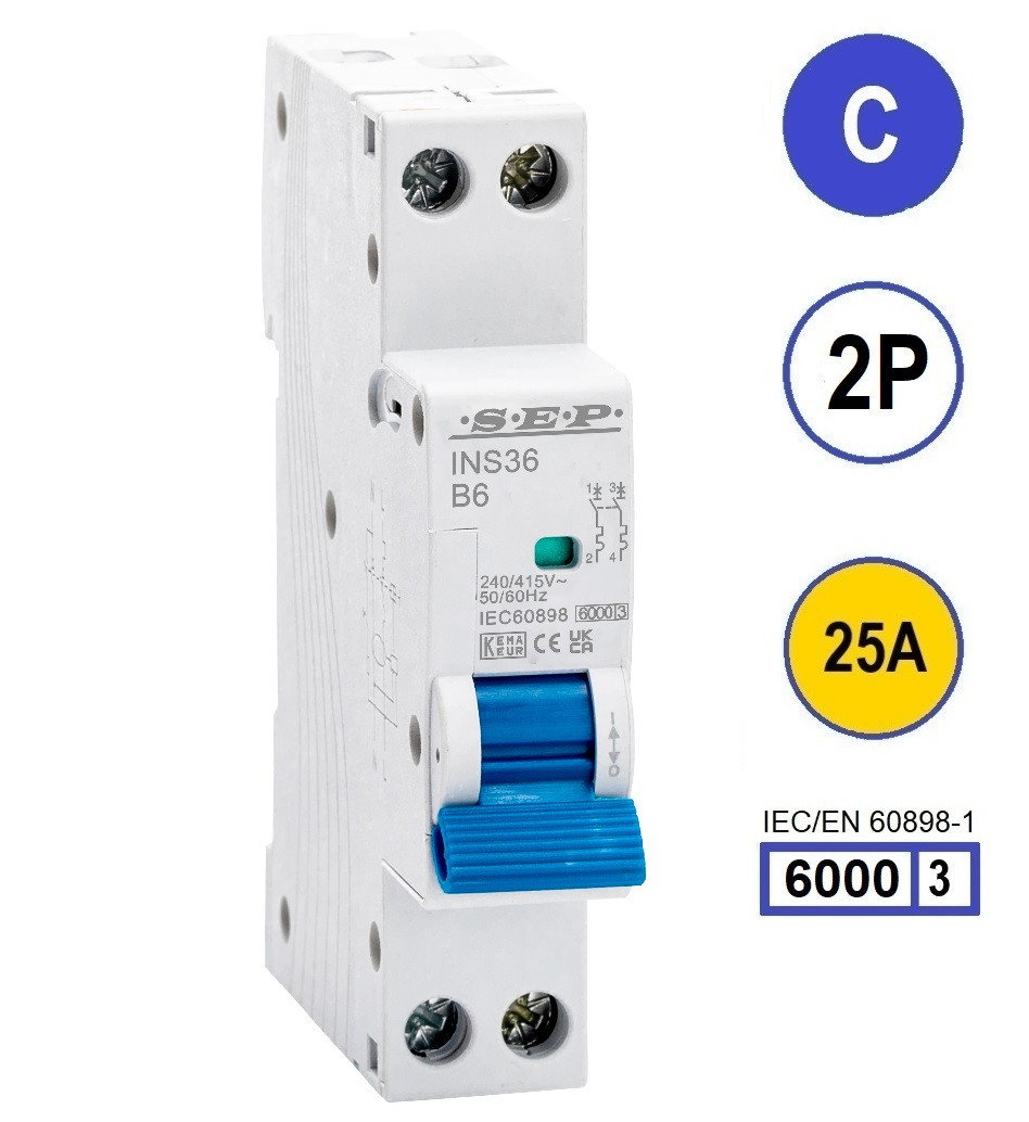 SEP INS36-2C25, installatieautomaat 2p C25 6kA, 18mm, 1 modulen