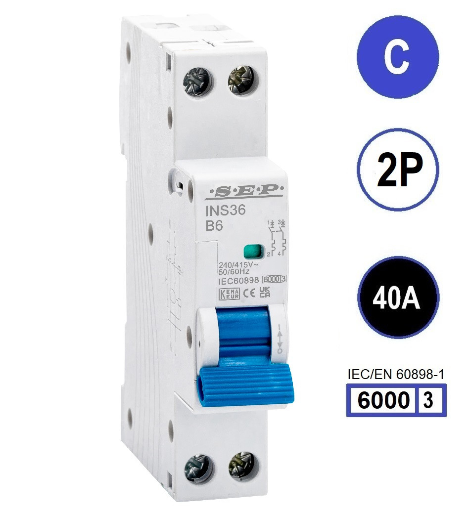 SEP INS36-2C40, installatieautomaat 2p C40 6kA, 18mm, 1 modulen