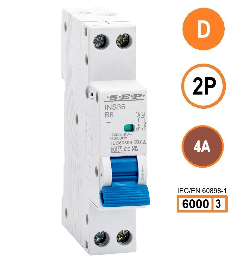 SEP INS36-2D04, installatieautomaat 2p D4 6kA, 18mm, 1 modulen
