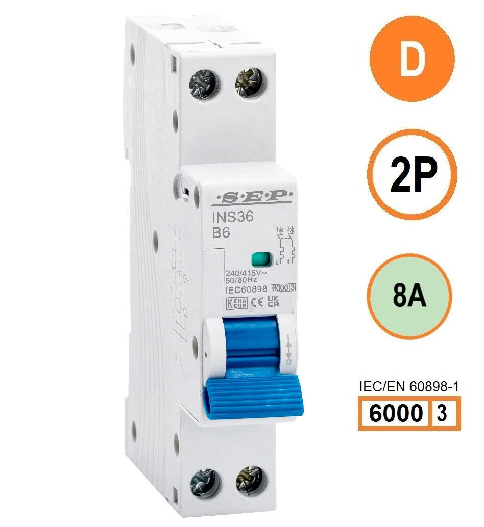 SEP INS36-2D08, installatieautomaat 2p D8 6kA, 18mm, 1 modulen