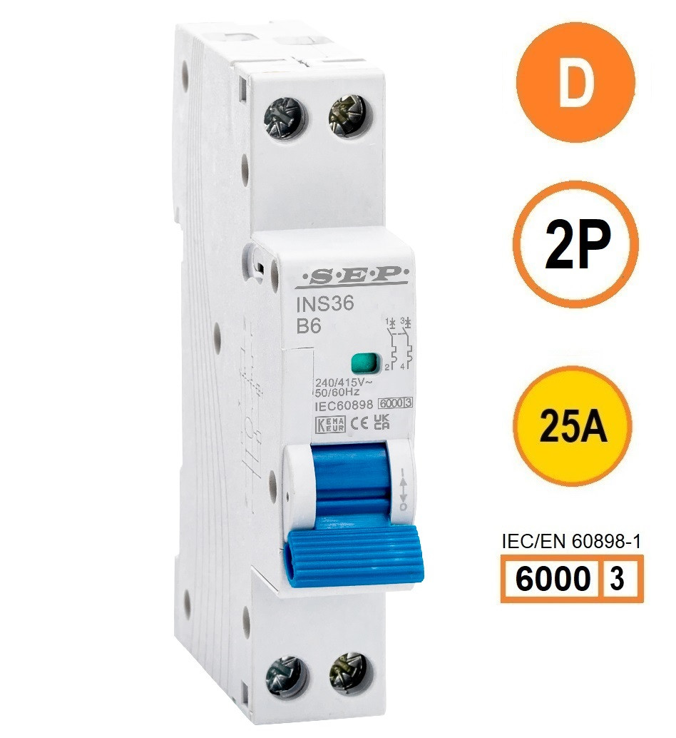 SEP INS36-2D25, installatieautomaat 2p D25 6kA, 18mm, 1 modulen