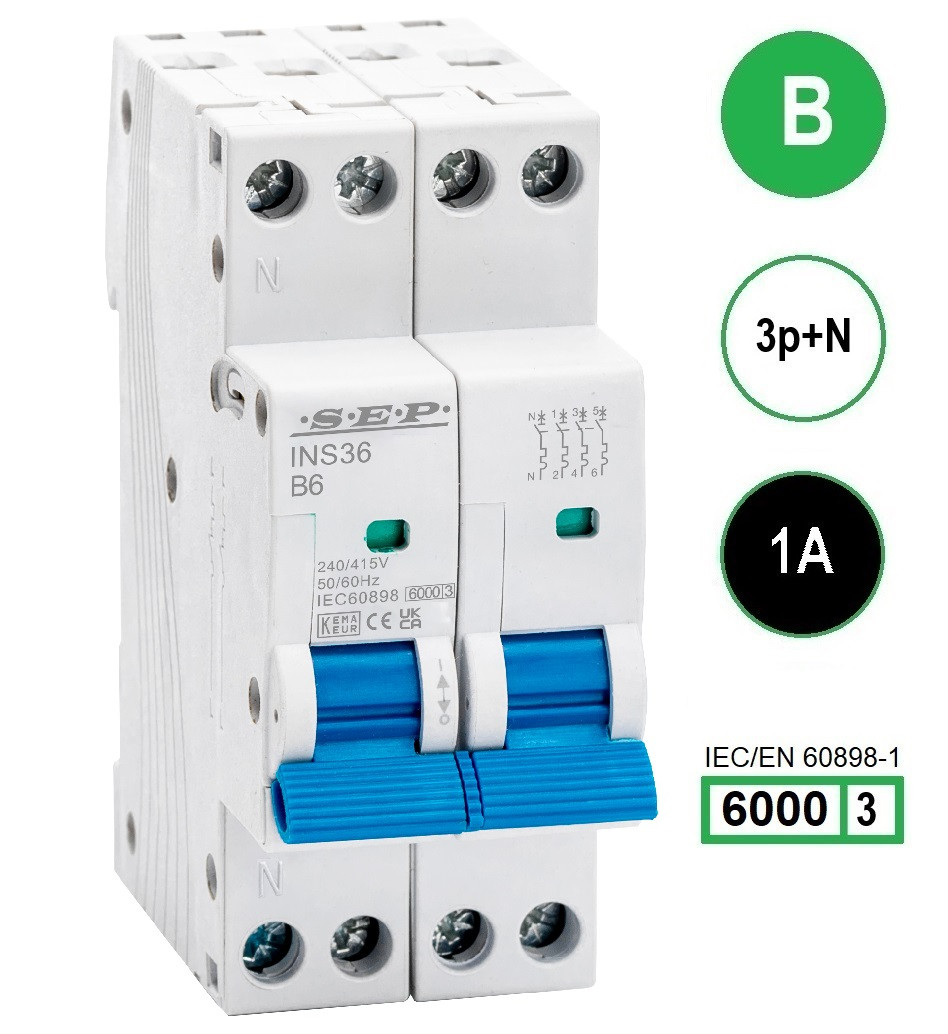 SEP INS36-3NB01, installatieautomaat 3p+n B1 6kA, 36mm, 2 modulen