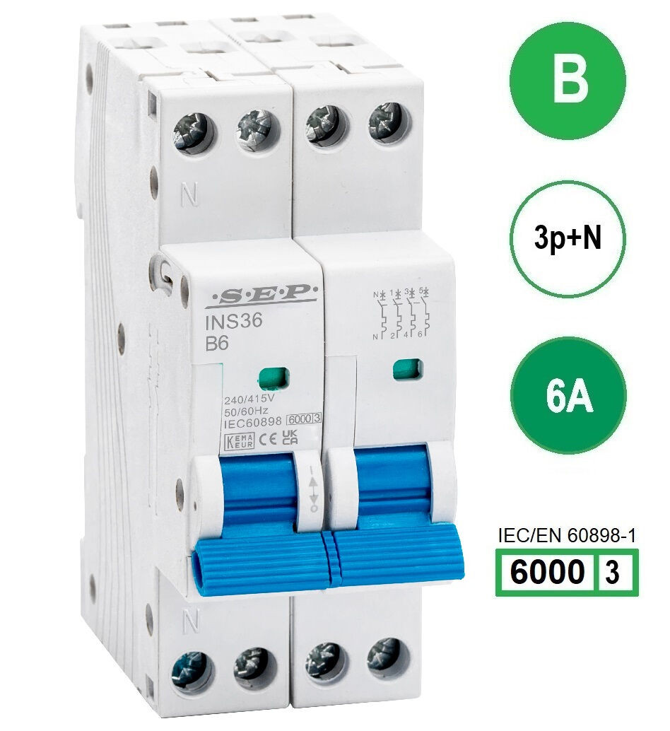 SEP INS36-3NB06, installatieautomaat 3p+n B6 6kA, 36mm, 2 modulen