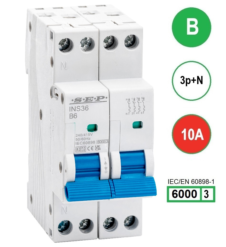 SEP INS36-3NB10, installatieautomaat 3p+n B10 6kA, 36mm, 2 modulen