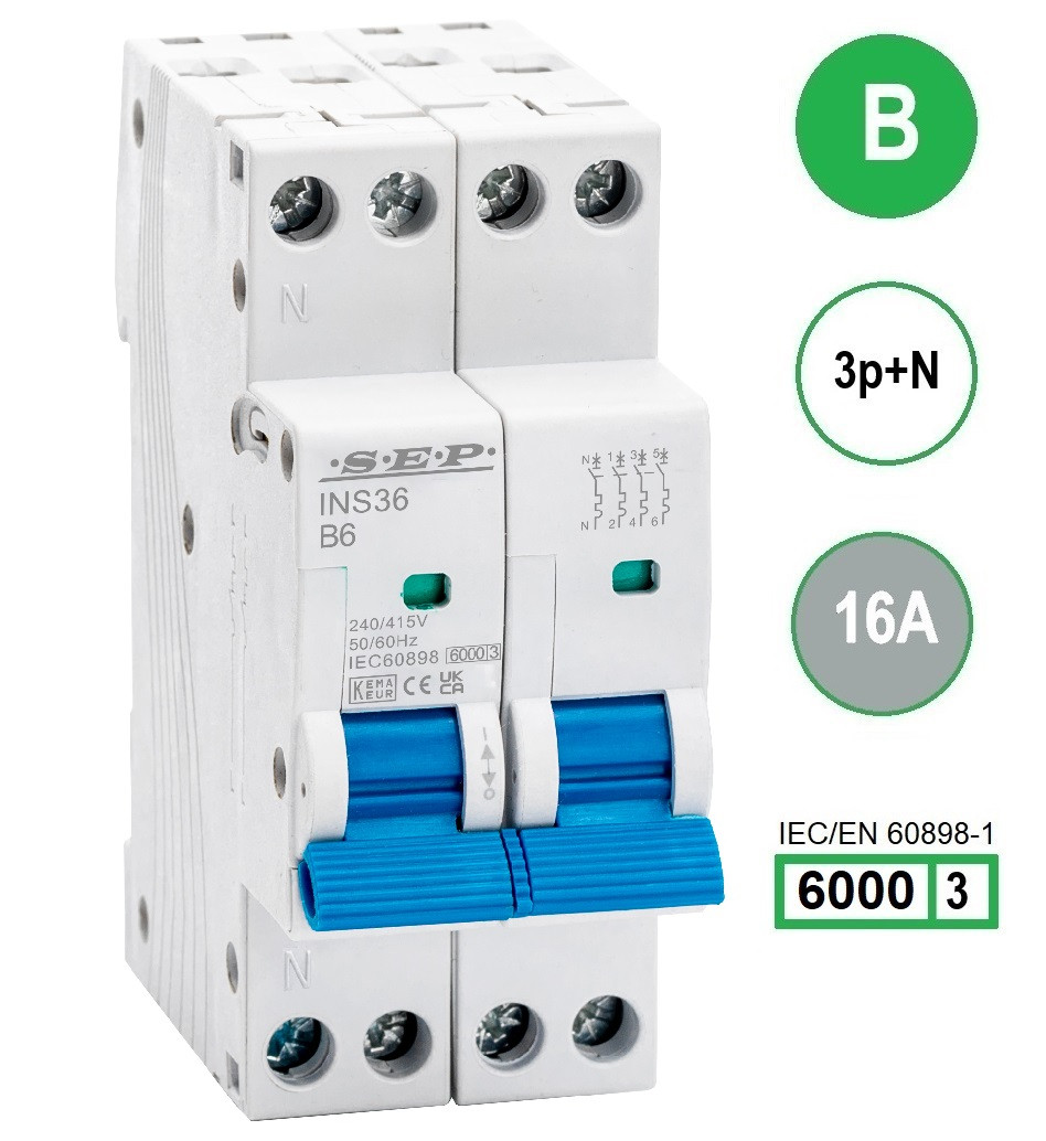 SEP INS36-3NB16, installatieautomaat 3p+n B16 6kA, 36mm, 2 modulen