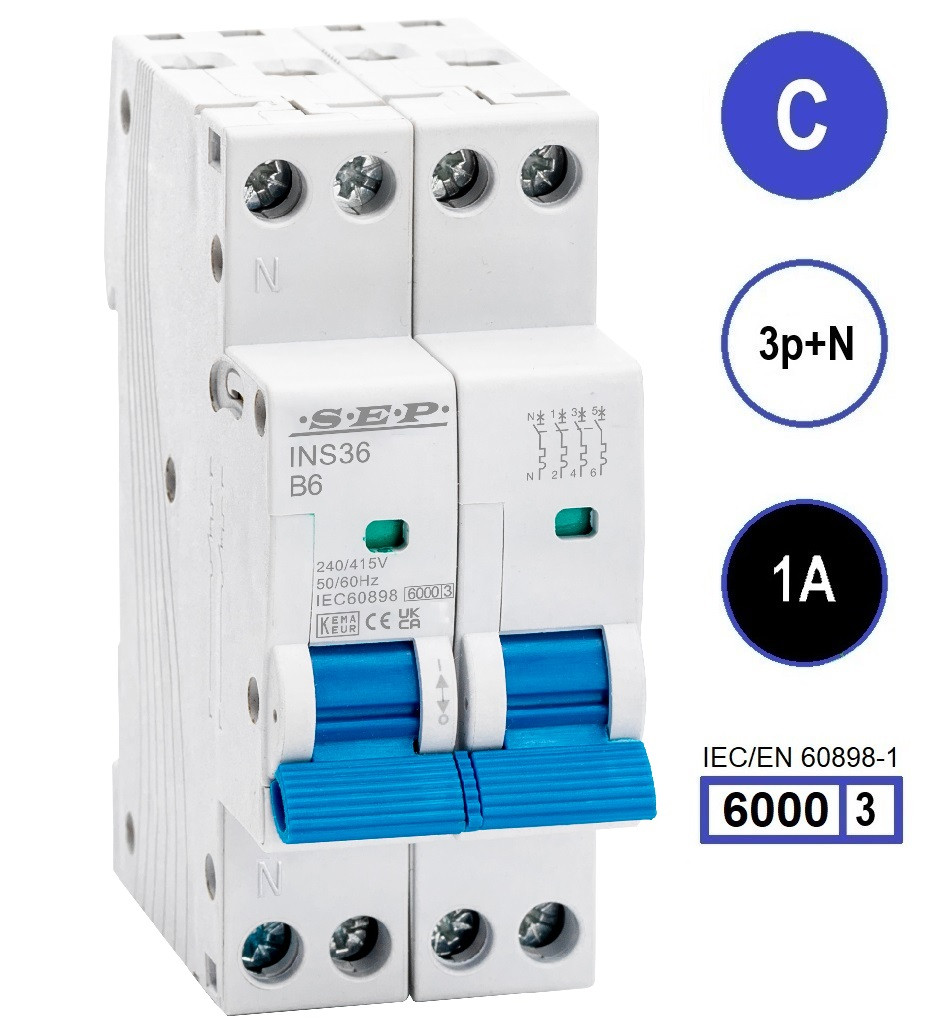 SEP INS36-3NC01, installatieautomaat 3p+n C1 6kA, 36mm, 2 modulen