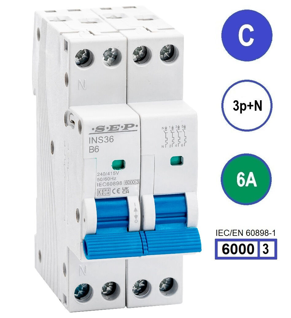 SEP INS36-3NC06, installatieautomaat 3p+n C6 6kA, 36mm, 2 modulen