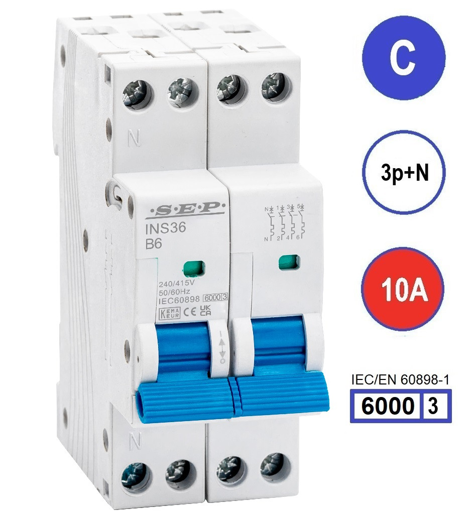 SEP INS36-3NC10, installatieautomaat 3p+n C10 6kA, 36mm, 2 modulen
