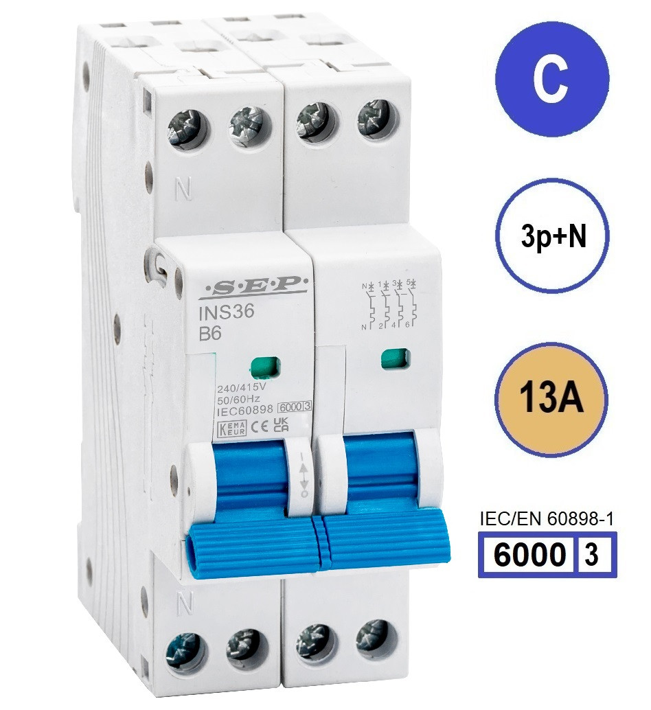 SEP INS36-3NC13, installatieautomaat 3p+n C13 6kA, 36mm, 2 modulen